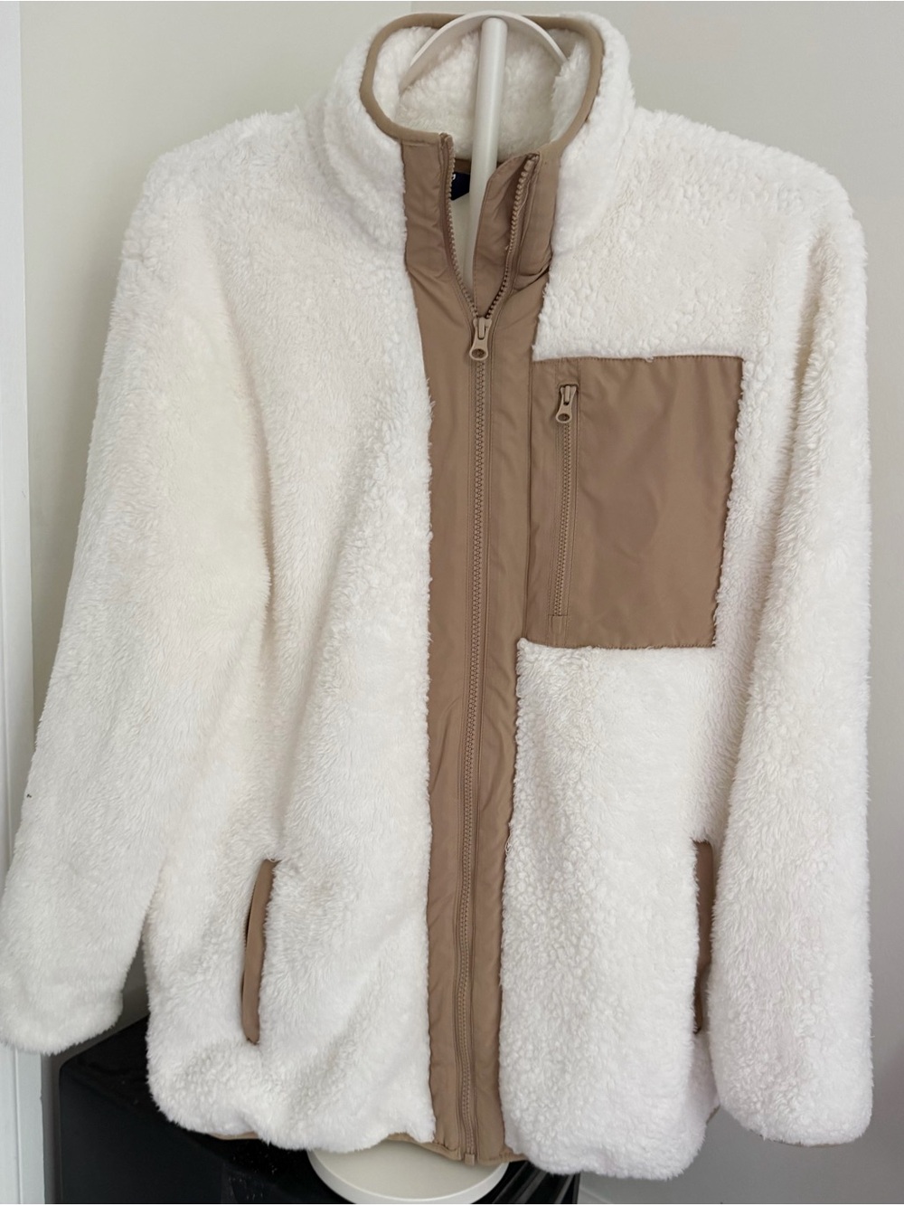 Lands' End Cream Sherpa Jacket with Tan Trim